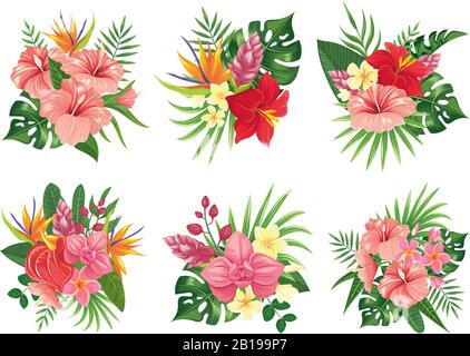 Tropical flowers bouquet. Exotic palm leaves, floral tropic bouquets and tropicals wedding invitation vector illustration set Stock Vector