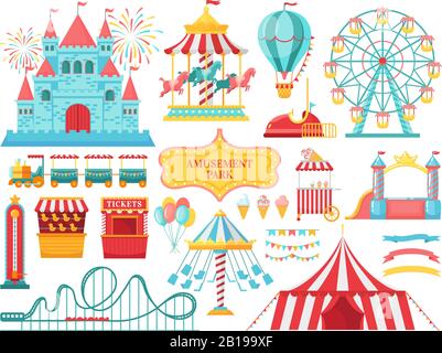 Amusement park attractions. Carnival kids carousel, ferris wheel attraction and amusing fairground entertainments vector illustration Stock Vector