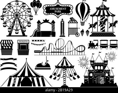 Amusement park silhouette. Carnival parks carousel attraction, fun rollercoaster and ferris wheel attractions vector icons set Stock Vector