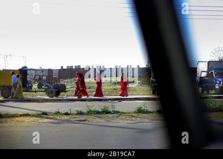 People walking on road side line in Kathmandu, Nepal. Stock Photo