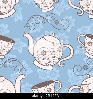 Seamless pattern with teapots and cups with floral design elements. Vector illustration Stock Vector