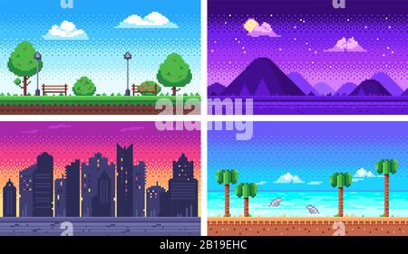 Pixel art landscape. Summer ocean beach, 8 bit city park, pixel cityscape and highlands landscapes arcade game vector background Stock Vector