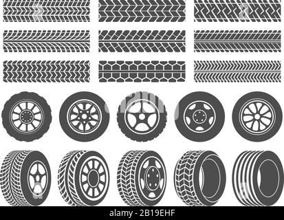 Wheel tires. Car tire tread tracks, motorcycle racing wheels icons and dirty tires track vector illustration set Stock Vector