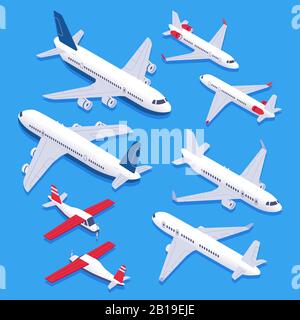Isometric airplanes. Passenger jet airplane, private aircraft and airline plane. Aviation planes 3d isolated vector set Stock Vector