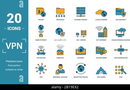 Vpn icon set. Include creative elements , archiving, site security, home server, cloud storage hacking icons. Can be used for report, presentation Stock Vector