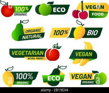 Vegan labels. Green eco food, healthy fresh organic products and vegetarian emblem label vector set Stock Vector