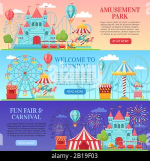 Amusement park banner. Amusing festival attractions, kids carousel and ferris wheel attraction banners background vector illustration Stock Vector