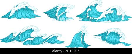 Sea wave. Vintage ocean waves, blue water tide and tidal wave hand drawn vector illustration set Stock Vector