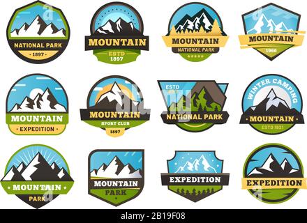 Mountain expedition emblems. Outdoors travel labels, mountains hiking sticker emblem and summer camping badges vector illustration set Stock Vector