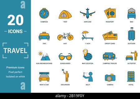 Travel icon set. Include creative elements compass, aircraft, taxi, credit card, sun and mountains icons. Can be used for report, presentation Stock Vector