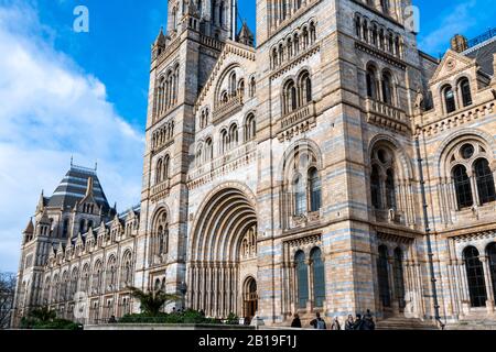A low-angle shot of the front entrance to the Natural History Museum in London Stock Photo