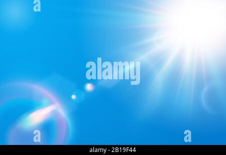 Sun in blue sky. Warm solar lens flare in clear skies, sunny day and sun light rays vector illustration Stock Vector