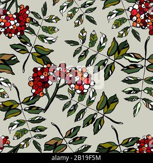 Hand drawn realistic rowan tree leaves and berries seamless background. Floral botanical endless texture. Ashberry pattern. Green and red. F Stock Photo