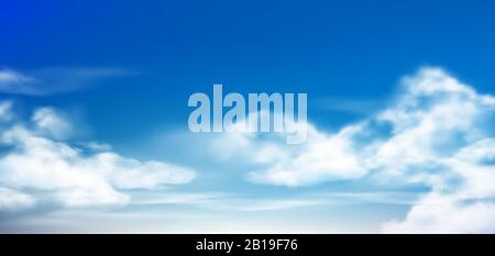 Cloud in blue sky. Fluffy clouds in cloudy daytime skies. Realistic white clouds vector background illustration Stock Vector