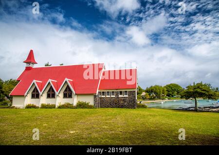 Mautitius Red Church. Notre Dame Auxiliatrice Church with distinctive red roof at Cap Malheureux, Mauritius, Indian Ocean. Stock Photo