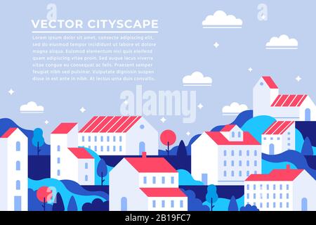 City buildings landing page. Town apartment banner, building apartments cityscape and modern townscape panorama vector illustration Stock Vector