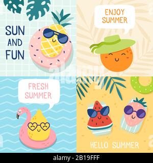 Hello summer poster. Funny fruits, pineapple in sunglasses and tropical fruit beach party banner vector illustration set Stock Vector