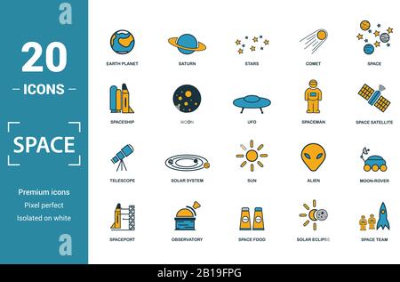 Space icon set. Include creative elements earth planet, stars, spaceship, spacemen, telescope icons. Can be used for report, presentation, diagram Stock Vector
