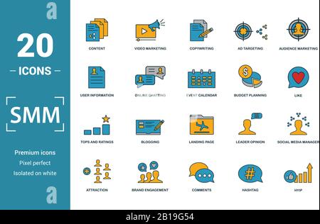 Smm icon set. Include creative elements content, copywriting, user information, budget planning, tops and ratings icons. Can be used for report Stock Vector