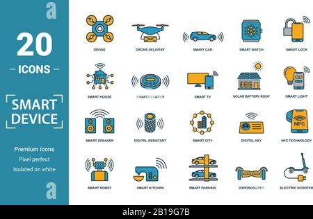 Smart Devices icon set. Include creative elements drone, smart car, smart house, solar battery roof, smart speaker icons. Can be used for report Stock Vector