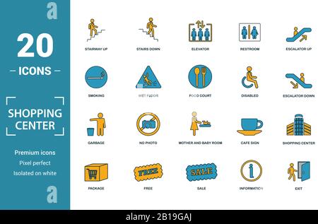 Shopping Center Icons icon set. Include creative elements stairway up, elevator, smoking, disabled, garbage icons. Can be used for report Stock Vector