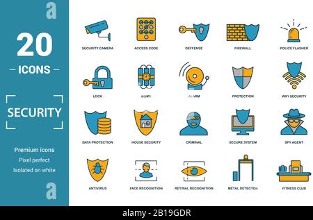 Security icon set. Include creative elements security camera, deffense, lock, protection, data protection icons. Can be used for report, presentation Stock Vector