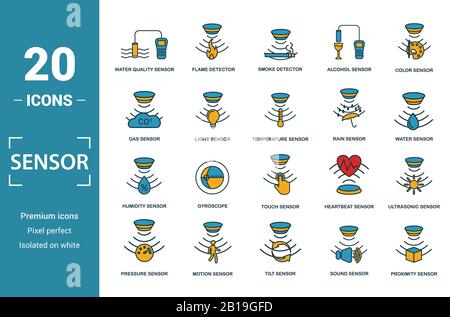 Sensor icon set. Include creative elements water quality sensor, smoke detector, gas, rain sensor, humidity sensor icons. Can be used for report Stock Vector