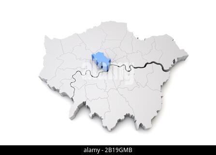 Greater London map showing Westminster borough in blue. 3D Rendering Stock Photo