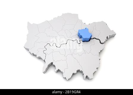 Greater London map showing Newham borough in blue. 3D Rendering Stock Photo