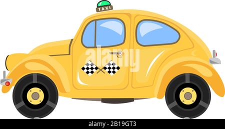 Yellow taxi car. Retro automobile side flat view. Vector illustration of city public transport. Animation friendly layers. Vintage vehicle with checke Stock Vector