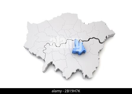 Greater London map showing Lewisham borough in blue. 3D Rendering Stock Photo