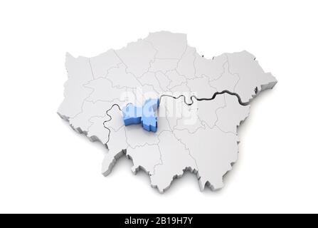 Greater London map showing Wandsworth borough in blue. 3D Rendering Stock Photo