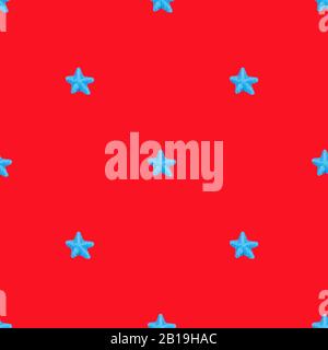pattern with blue stars candy on red background. Flat lay, top view, view from above. Photographic collage and seamless pattern Stock Photo
