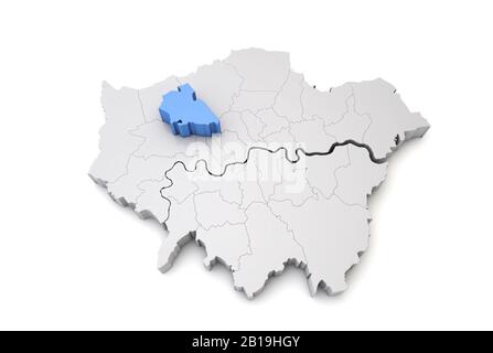 Greater London map showing Brent borough in blue. 3D Rendering Stock Photo