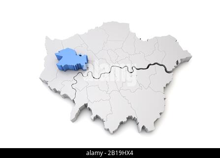 Greater London map showing Ealing borough in blue. 3D Rendering Stock Photo