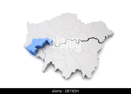 Greater London map showing Hounslow borough in blue. 3D Rendering Stock Photo