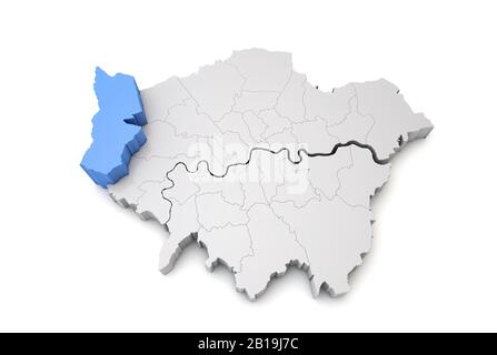 Greater London map showing Hillingdon borough in blue. 3D Rendering Stock Photo