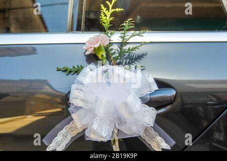 Nice textile ornament on the door of a car. Carnation, Dianthus caryophyllus Stock Photo