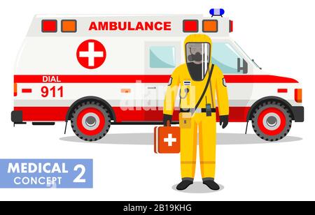 Medical concept. Detailed illustration of emergency doctor in yellow protective suit and mask near ambulance car in flat style background. Dangerous Stock Vector