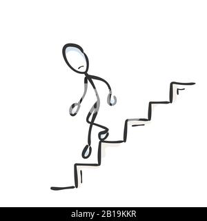 Going down the stairs. Unsuccessful sad man. Descend staircase. Hand drawn. Stickman cartoon. Doodle sketch, Vector graphic illustration Stock Vector