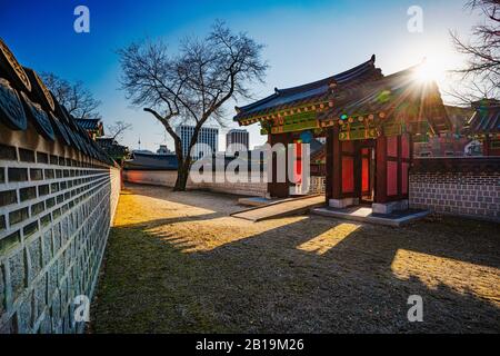 Seoul, South Korea - FEB 23 2020: Usually a busy weekend location, the beautiful Changdeokgung palace is nearly empty due to coronavirus concerns. Stock Photo