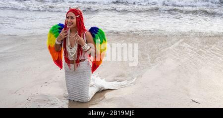 Woman cosplay costume dressed as a mermaid posing on the sand at Bathers Beach Fremantle Western Australia. Stock Photo