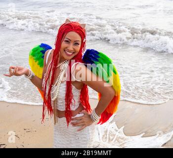 Woman cosplay costume dressed as a mermaid posing on the sand at Bathers Beach Fremantle Western Australia. Stock Photo