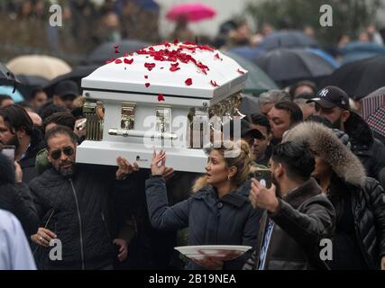 Offenbach Am Main, Germany. 24th Feb, 2020. With Mercedes K., the first victim of the Hanau attack is buried at the New Cemetery in Offenbach. The mother of two children found her final resting place in the family crypt. Credit: Boris Roessler/dpa/Alamy Live News Stock Photo