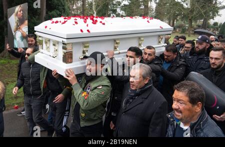 Offenbach Am Main, Germany. 24th Feb, 2020. Mercedes K. is the first victim of the Hanau bombing to be buried at the New Cemetery in Offenbach. The mother of two children found her final resting place in the family crypt. Credit: Boris Roessler/dpa/Alamy Live News Stock Photo