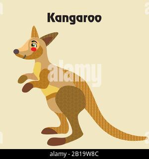 Colorful decorative outline cute kangaroo standing in profile. Wild animals and birds vector cartoon characters flat illustration in different colors Stock Vector