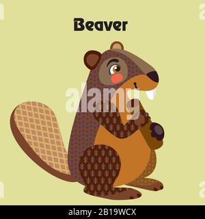 Colorful decorative outline cute beaver sittiing in profile. Wild animals and birds vector cartoon characters flat illustration in different colors is Stock Vector