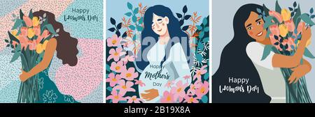 Vector set of illustrations for Women's Day. Cute flat cartoon tamplate Stock Vector