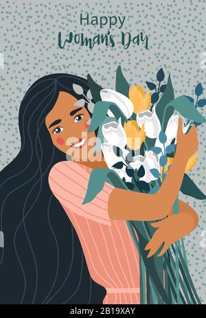 Womens Day. Vector vertical illustration with woman holding a bouquet of flowers tulips for card, poster, flyer and other users Stock Vector