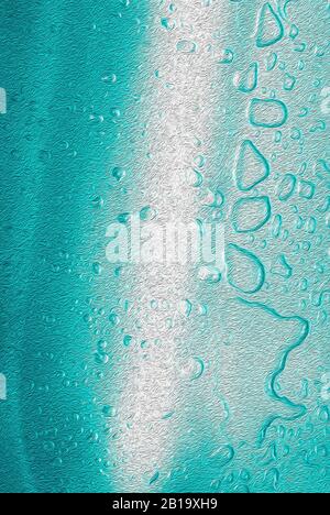 AQUARIUM: Sitting water in a stainless steel sink has color enhancement and digital oil paint application to create an aquatic neon blue backdrop. Stock Photo